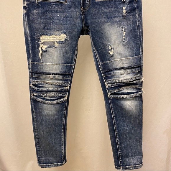 DOPE 34x32 Weir Moto Stretch Jeans Mens Distressed Patched Button Fly D2018P201 - Picture 5 of 12